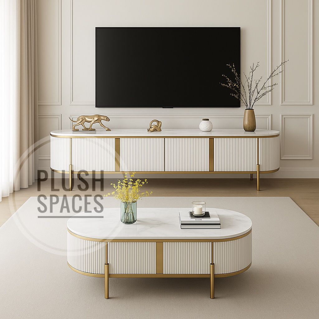 Marble and Brass Coffee Table and Tv Stand Set