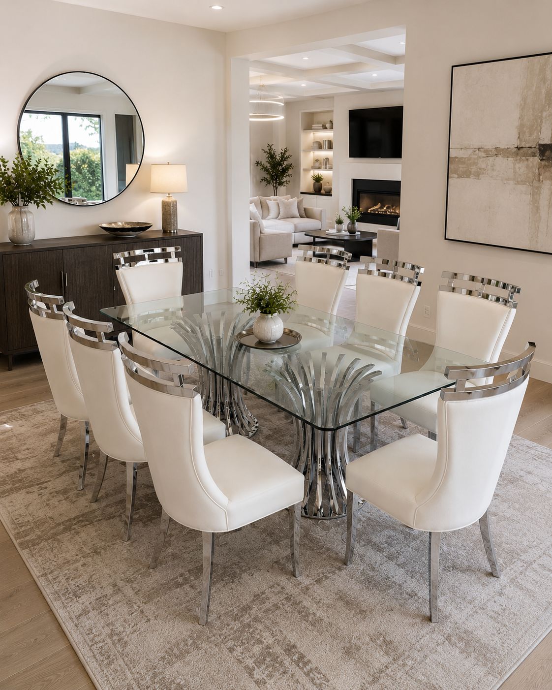 Plush: Flared Steel Base Glass Rectangle Dining Table Set